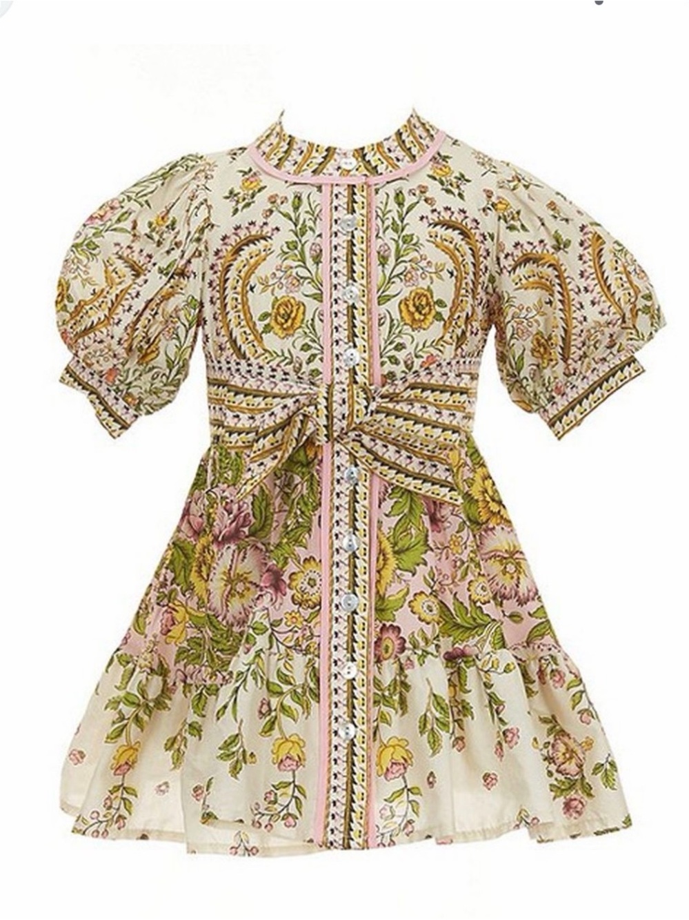 Girls' Floral Bow-Front Cream and Pink Dress